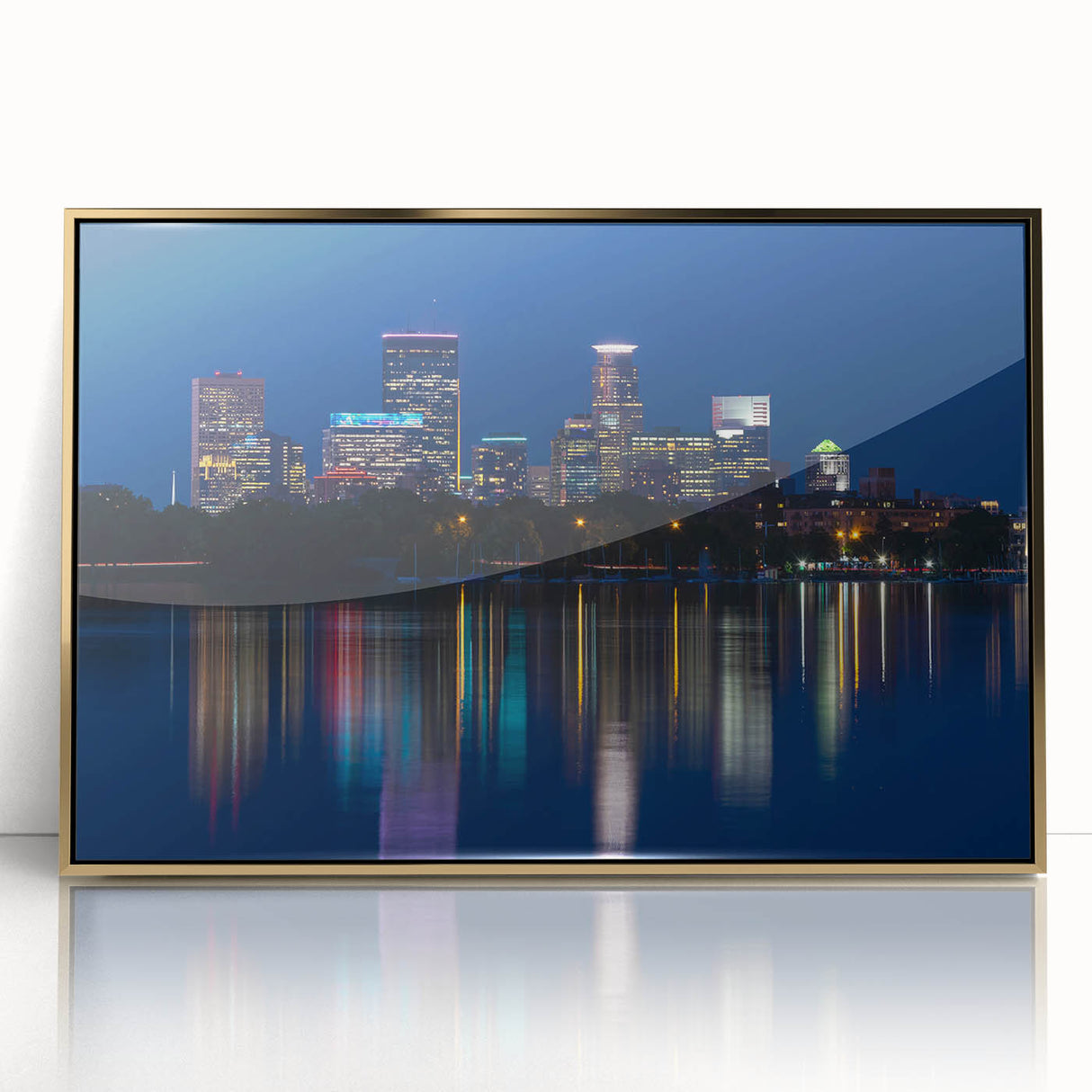 Acrylic print of Minneapolis skyline in muted gold tones, set in a mid-century modernist style.