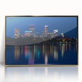 Acrylic print of Minneapolis skyline in muted gold tones, set in a mid-century modernist style.