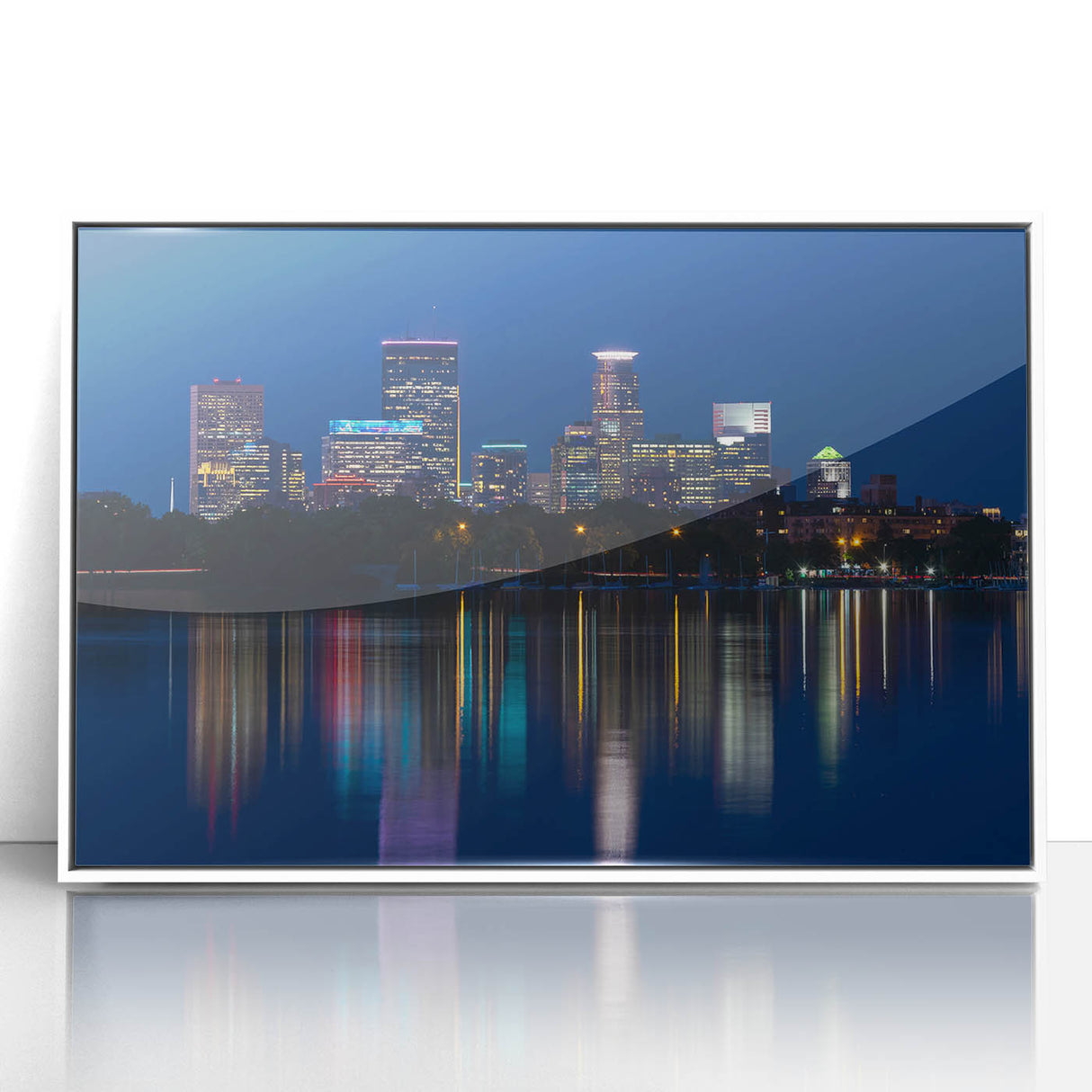 Acrylic print of Minneapolis skyline featuring art deco style and pastel color palette, ideal for modern art wall decor.