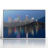 Acrylic print of Minneapolis skyline featuring art deco style and pastel color palette, ideal for modern art wall decor.