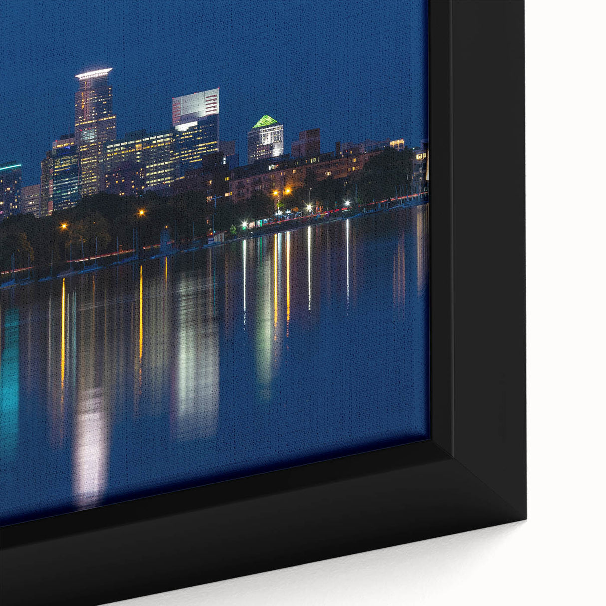 Extra large black wall art of Minneapolis skyline, textured acrylic print with colorful accents on framed canvas.