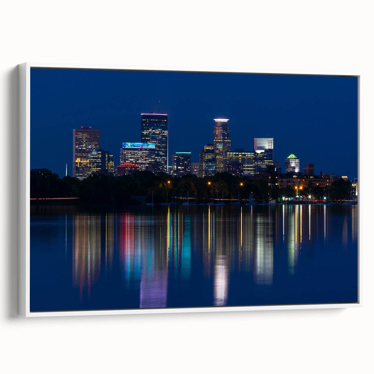 Vintage poster art of Minneapolis skyline, colorful palette on extra large framed canvas, ideal for living room.