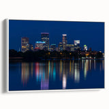 Vintage poster art of Minneapolis skyline, colorful palette on extra large framed canvas, ideal for living room.