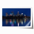 Extra large rolled print of Minneapolis skyline in muted blue and gray tones, suitable for art wall dining room.