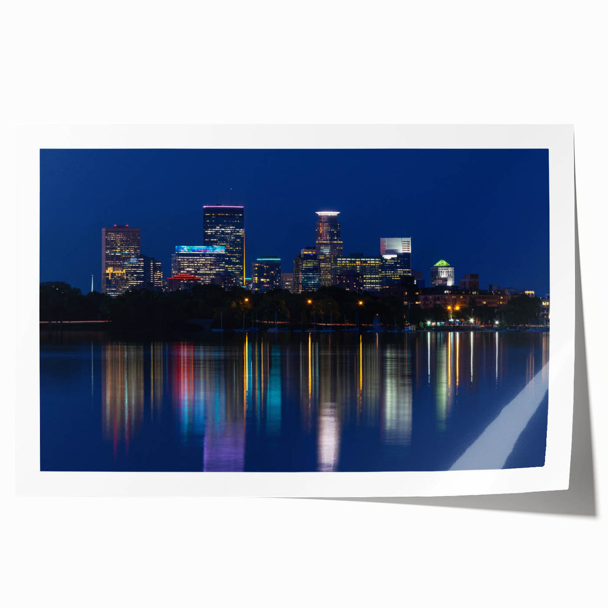 Extra large rolled print of Minneapolis skyline in muted blue and gray tones, suitable for art wall dining room.