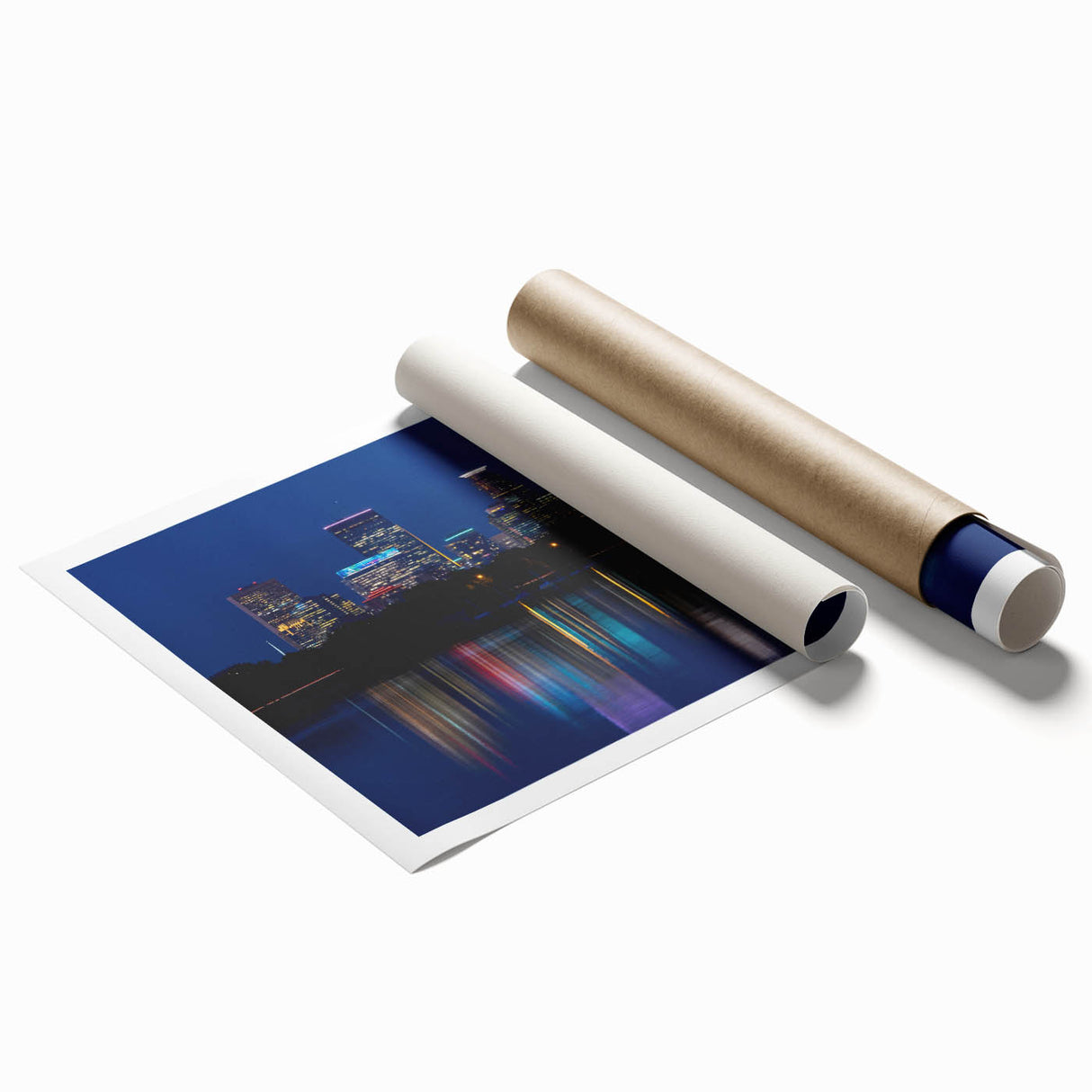 Extra large rolled print of Minneapolis skyline with muted blue and gray tones, suitable as classy bathroom wall art.