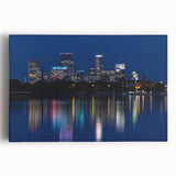 Black and white stretched canvas of Minneapolis skyline, ideal for kitchen wall art.