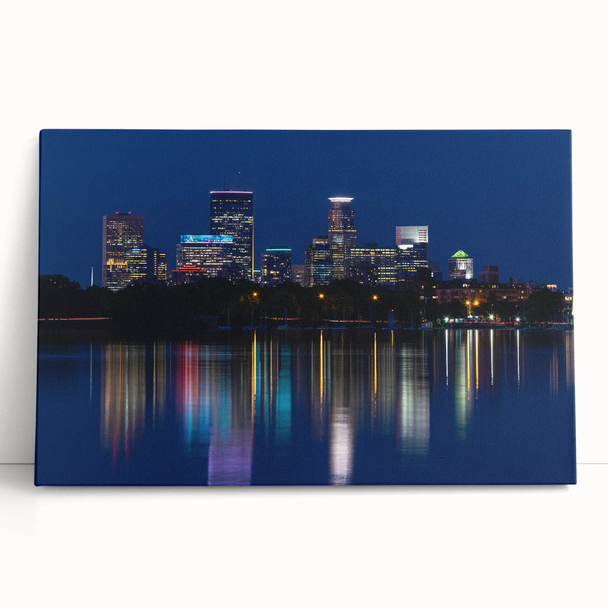Black and white stretched canvas of Minneapolis skyline, ideal for kitchen wall art or bedroom ambiance.