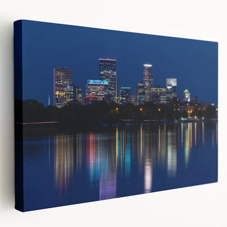 Side view of a stretched canvas featuring the Minneapolis skyline in muted blue and gray tones.