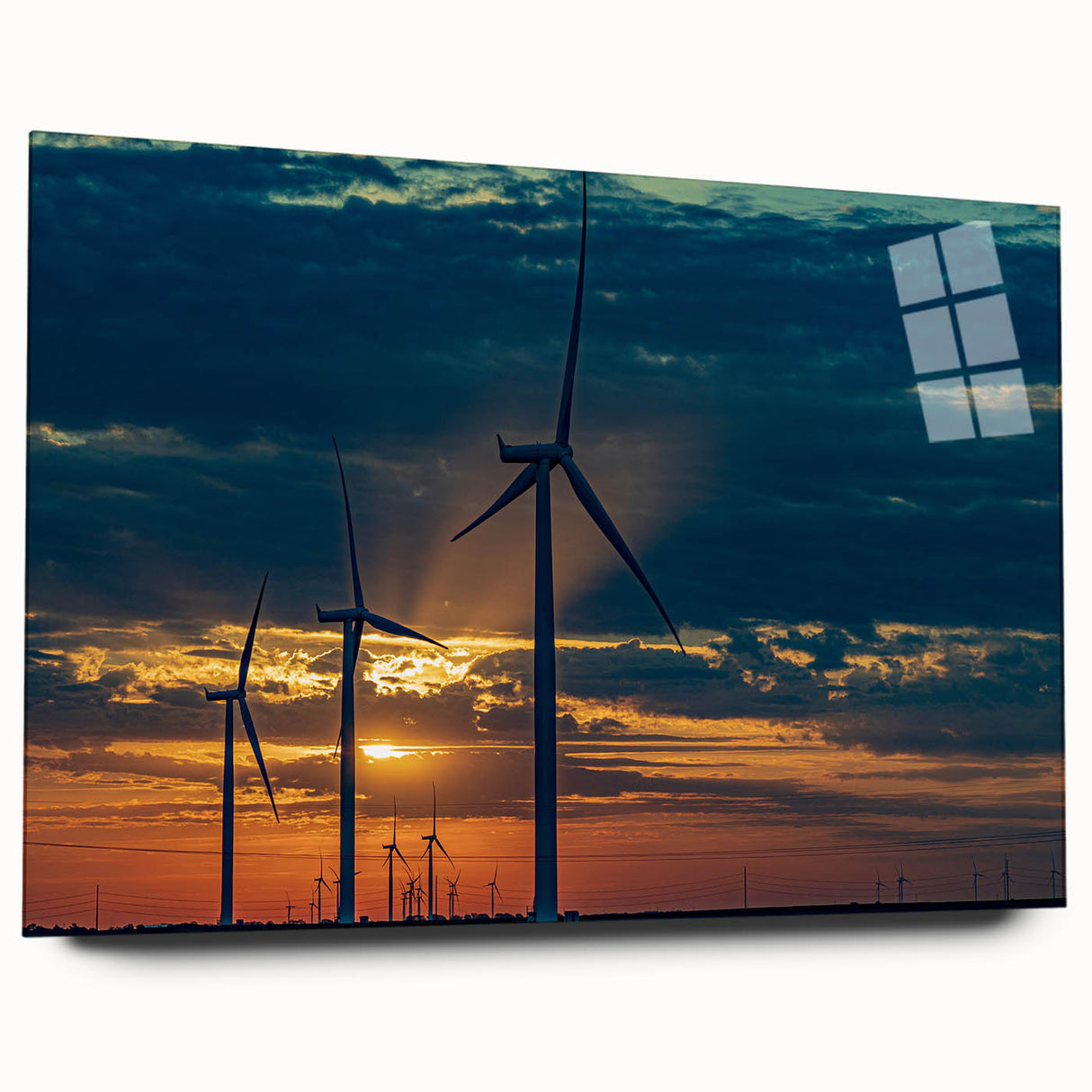 Acrylic print of a large abstract depiction of Kansas City's skyline in muted blues and grays.