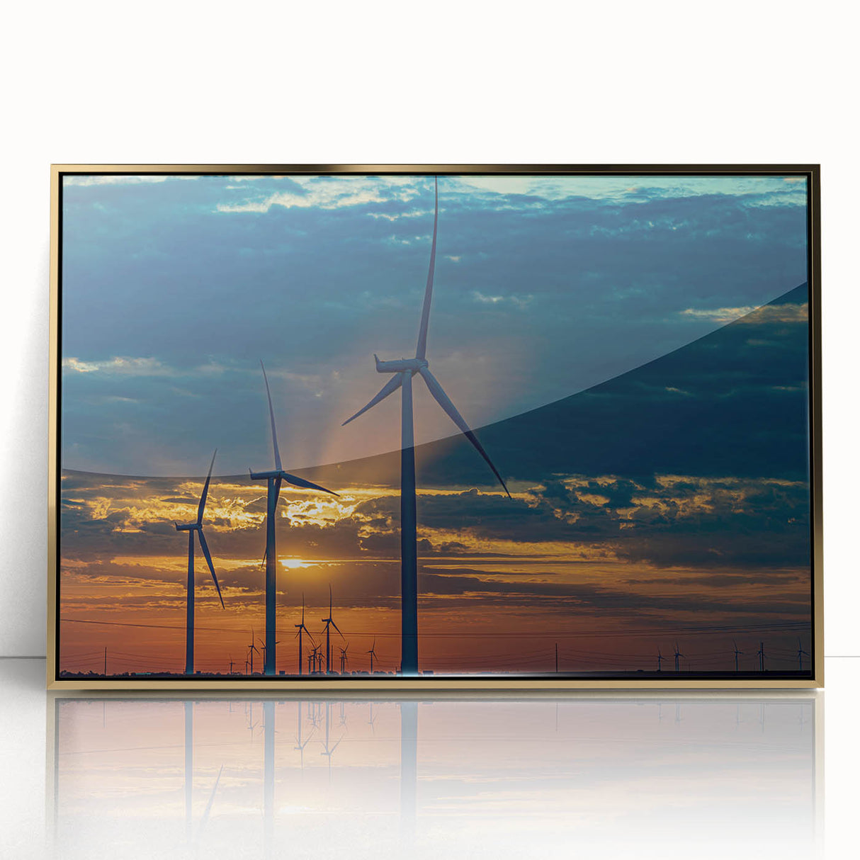 Mid-century modernist art of Kansas City skyline in gold and navy hues on framed acrylic, ideal for modern art wall decor.