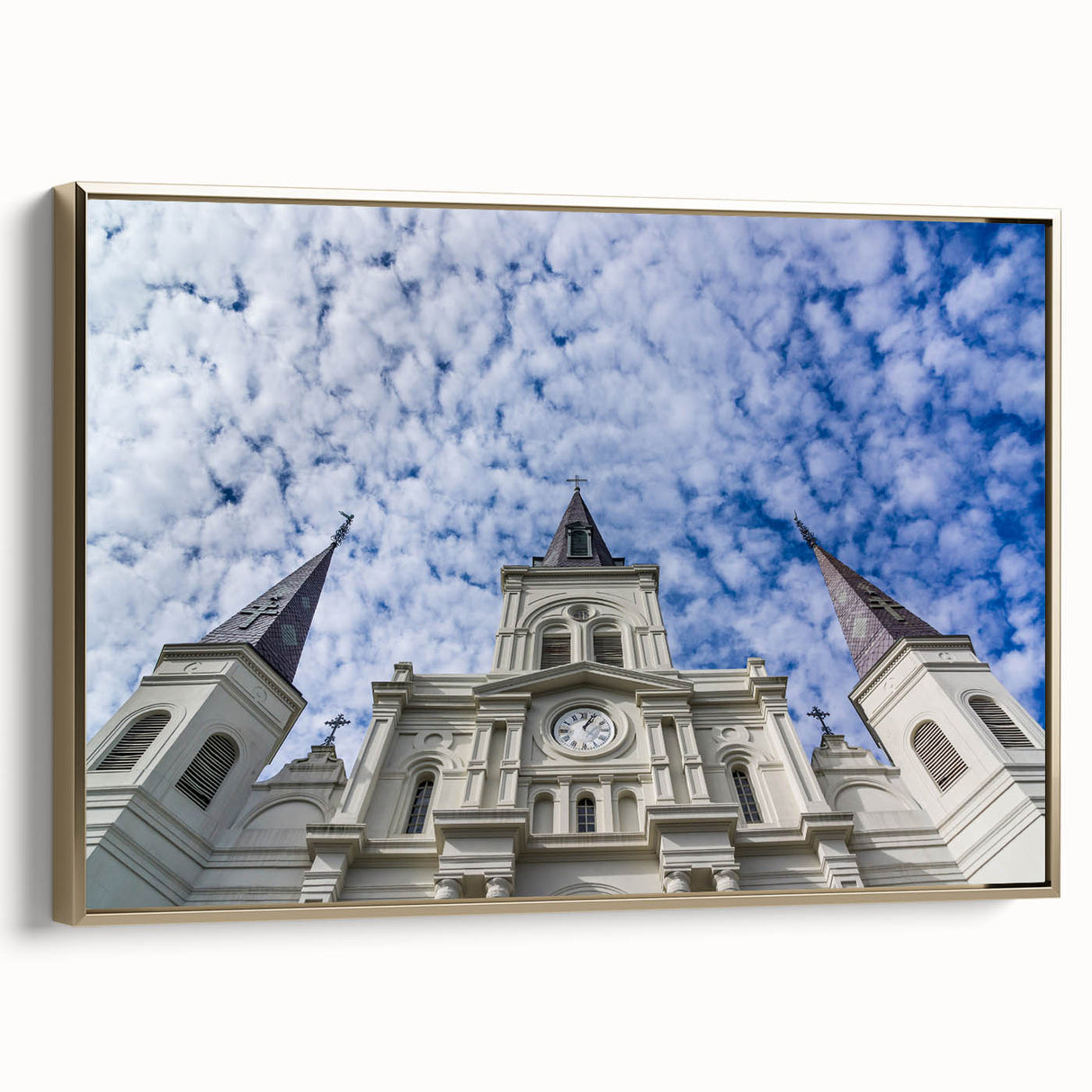 Framed canvas of St. Louis skyline with gold tones, ideal for bedroom wall art.
