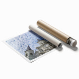 Extra large rolled print of St. Louis skyline with floral accents in pastel shades, ideal for classy bathroom wall art.
