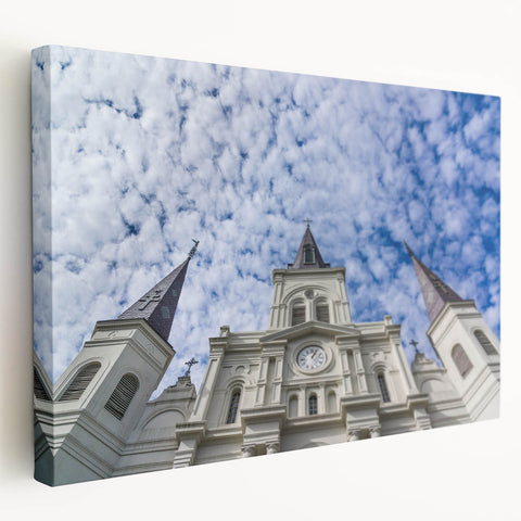 Stretched canvas print of St. Louis skyline in muted blue and gray tones, ideal for kitchen wall art.