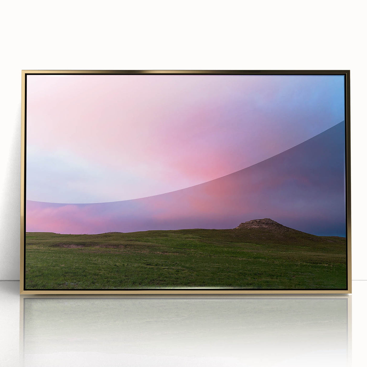 Large art print of Nebraska scenery in gold tones on framed acrylic, styled in mid-century modernist art.