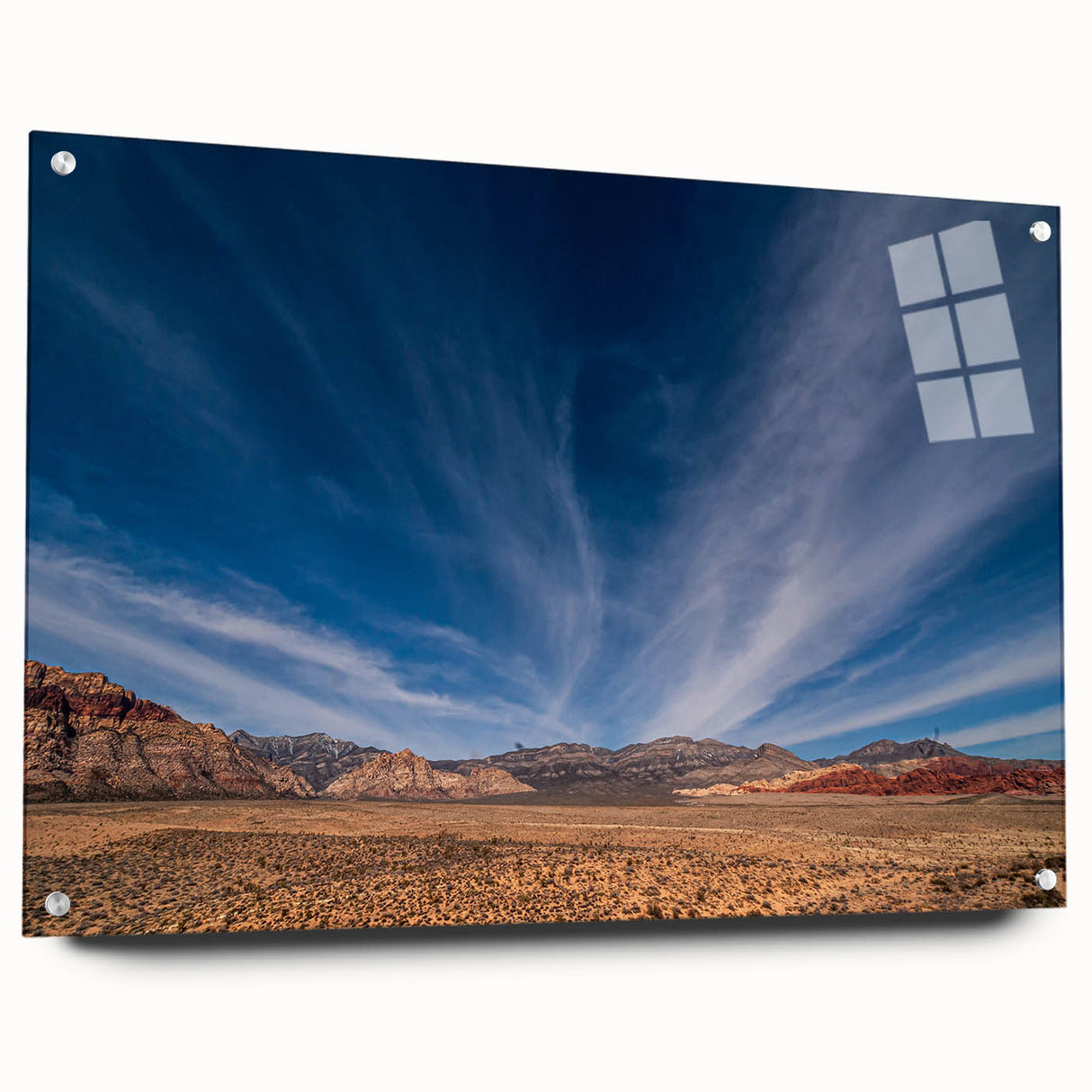 Acrylic print of Las Vegas skyline in vibrant twilight hues, ideal for modern dining room decor.