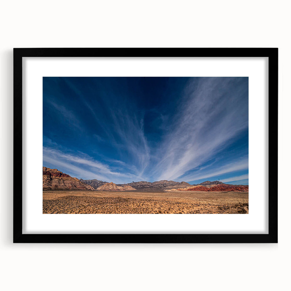 Abstract art print of Las Vegas skyline in vibrant colors on a large framed canvas, suitable for living room decor.
