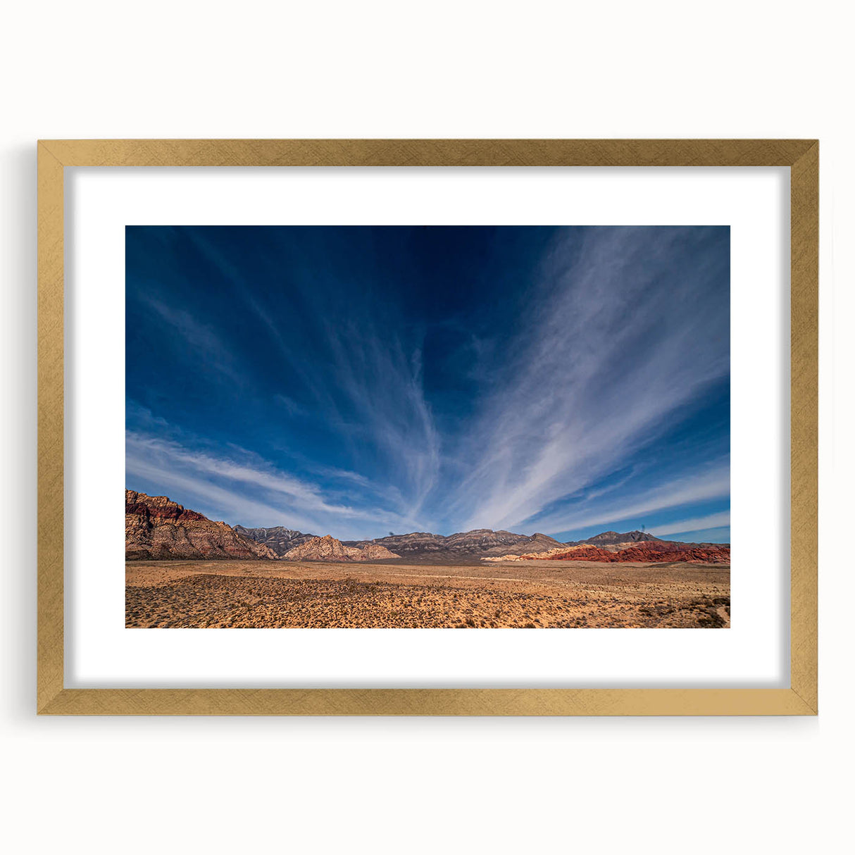 Abstract art print of Las Vegas skyline in textured gold frame, ideal for extra large wall art in living room.