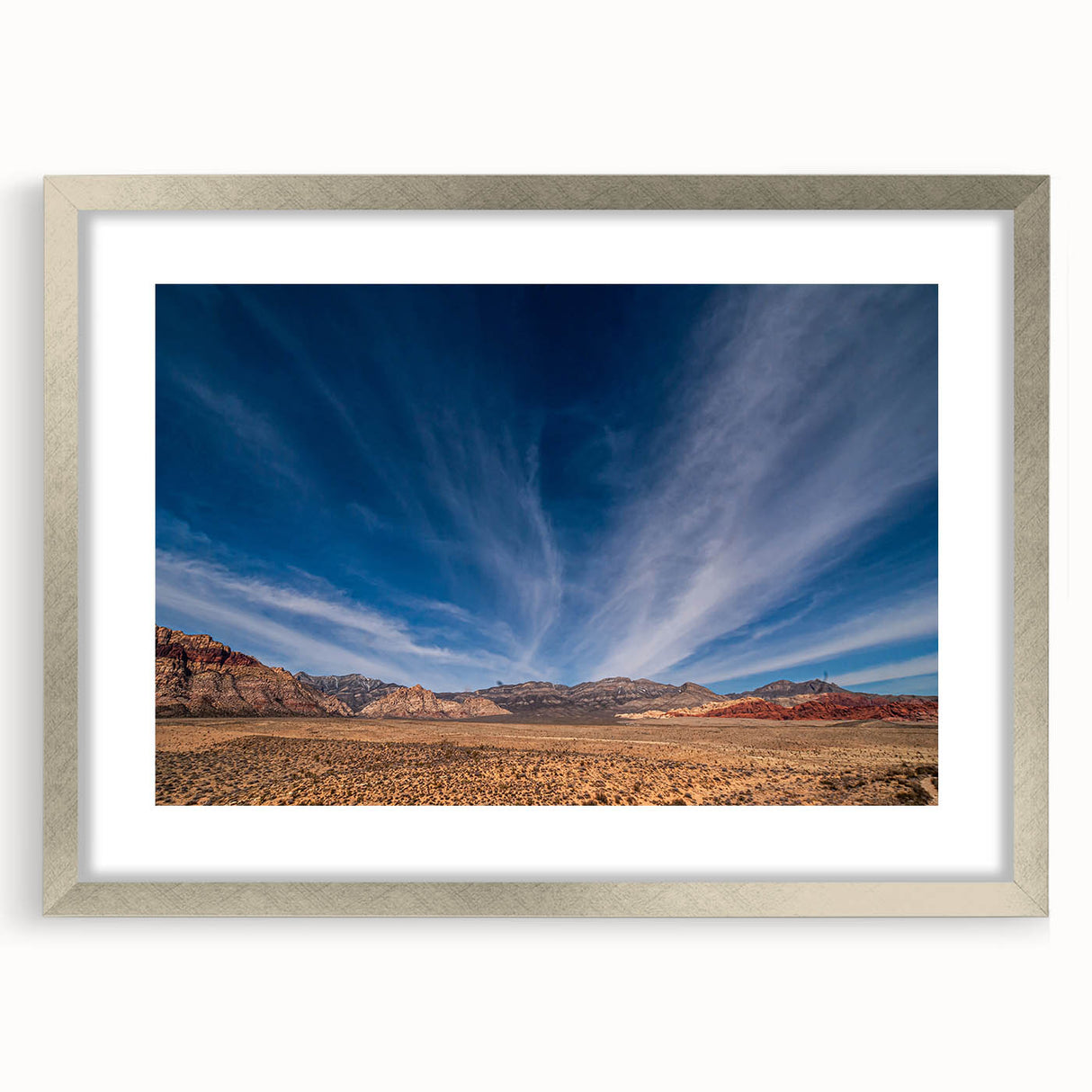 Abstract textured art print of Las Vegas scene in muted gray and silver, framed with mat, suitable for bedroom art.