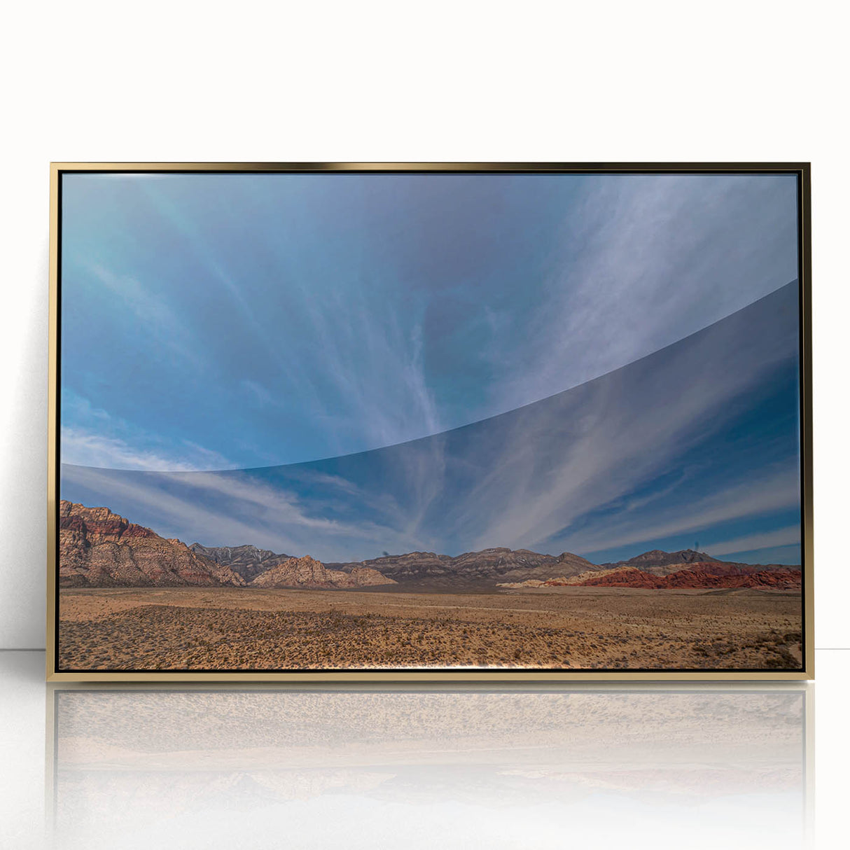 Mid-century modernist Las Vegas skyline in gold and black tones on a framed acrylic, ideal for modern art wall decor.