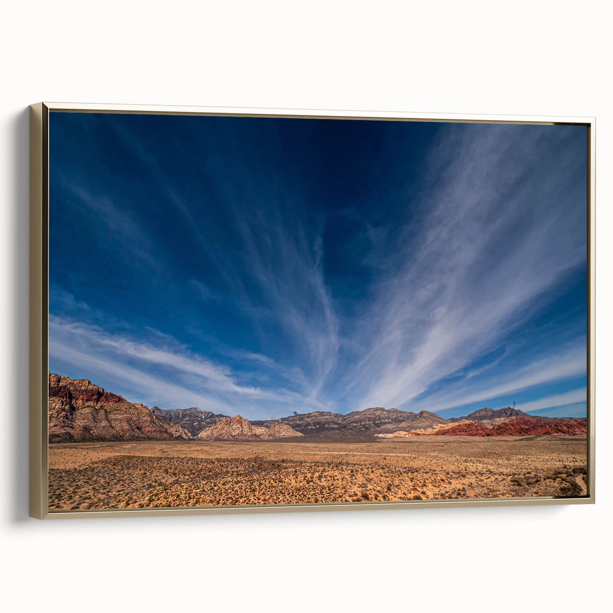 Framed canvas of Las Vegas landscape in vintage poster style with black and gold tones, ideal for bedroom wall art.