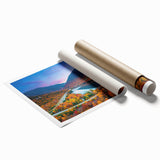 Rolled print of a serene New Hampshire landscape with soft floral elements, ideal for classy bathroom wall art.