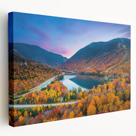 Scenic New Hampshire landscape on large stretched canvas, featuring lush greenery and serene lake.