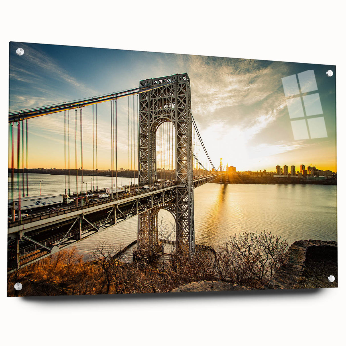 Acrylic glass print of a large abstract depiction of New Jersey scenery in blue and green tones, ideal for dining room decor.