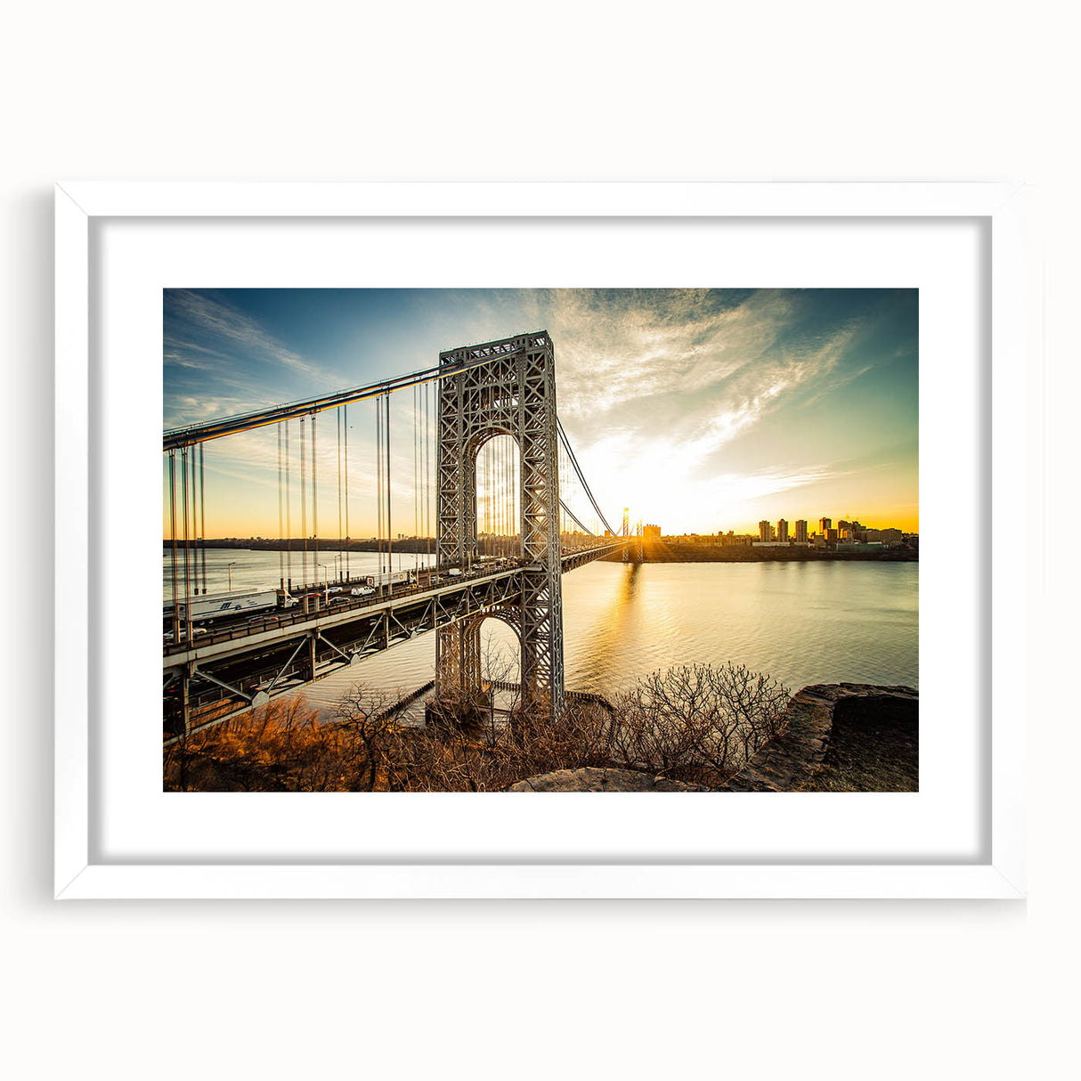 Abstract art print of New Jersey scenery in muted green and blue tones on a framed white mat, suitable for dining room decor.