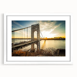 Abstract art print of New Jersey scenery in muted green and blue tones on a framed white mat, suitable for dining room decor.