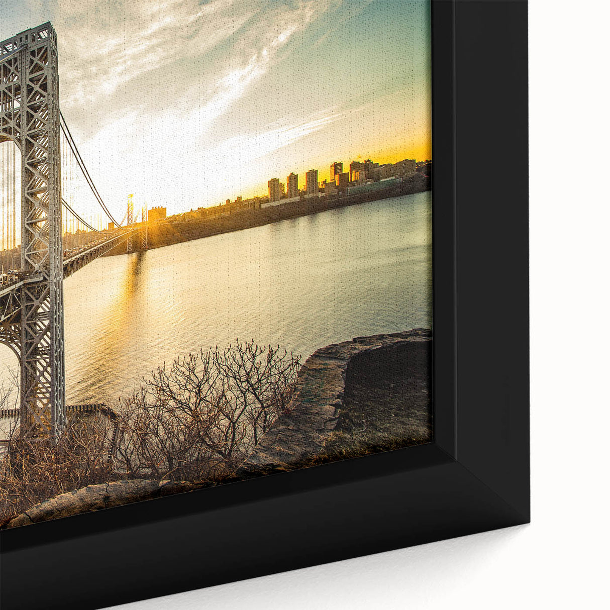 Close-up of textured black wall art featuring a colorful New Jersey scenery on a framed canvas.