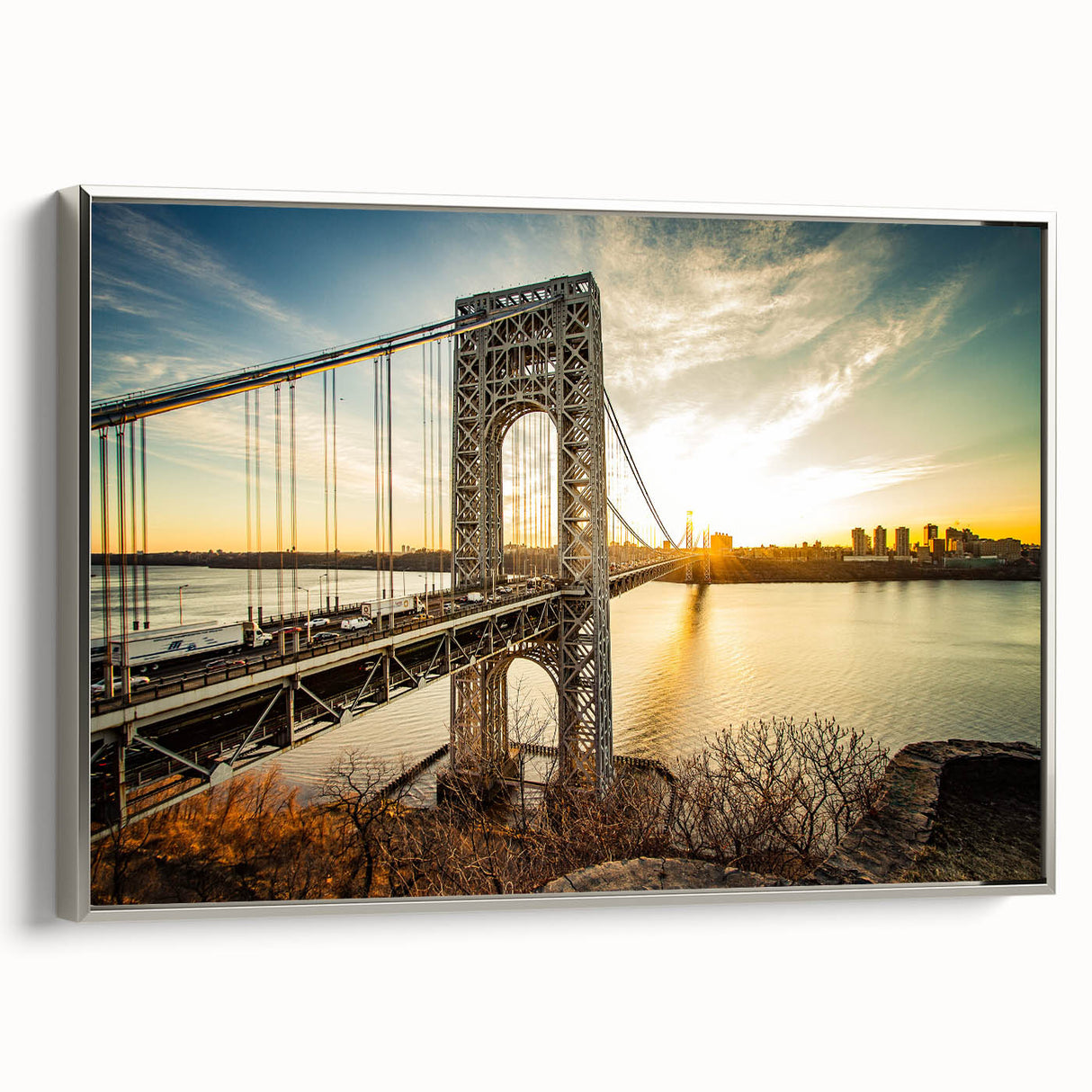 Framed canvas featuring a vintage-style landscape painting of New Jersey, with muted colors, ideal for living room decor.