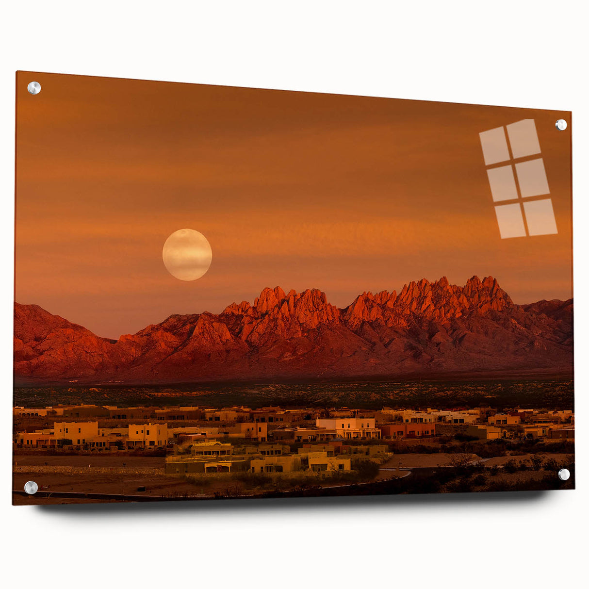 Large abstract wall art depicting New Mexico scenery in muted earth tones on acrylic glass.