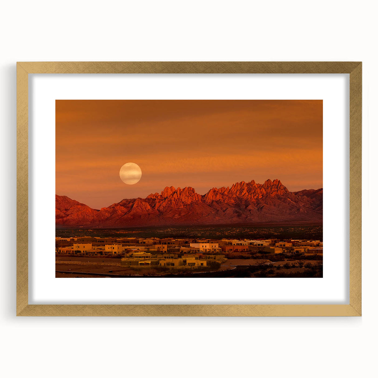 Extra large textured abstract art print of a New Mexico scenery in gold frame, suitable for living room decor.