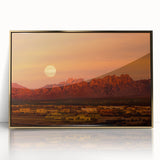 Large acrylic print of a New Mexico landscape in a gold frame, featuring mid-century modernist style, with earthy tones.