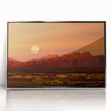 Mid-century modernist art depicting New Mexico scenery in muted earth tones on a framed acrylic panel.