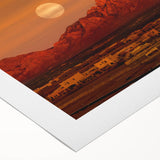 Art deco poster of a New Mexico landscape in muted earth tones on rolled canvas, suitable for dining room wall art.