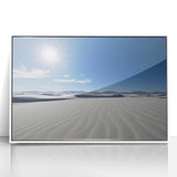 Acrylic print of White Sands, New Mexico with soft beige and white tones, framed in white.