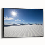 Black and white wall art of White Sands landscape on framed canvas, ideal for bedroom decor.