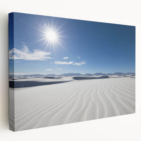 White Sands, New Mexico landscape on large stretched canvas, featuring soft beige and blue tones, ideal for kitchen wall art.