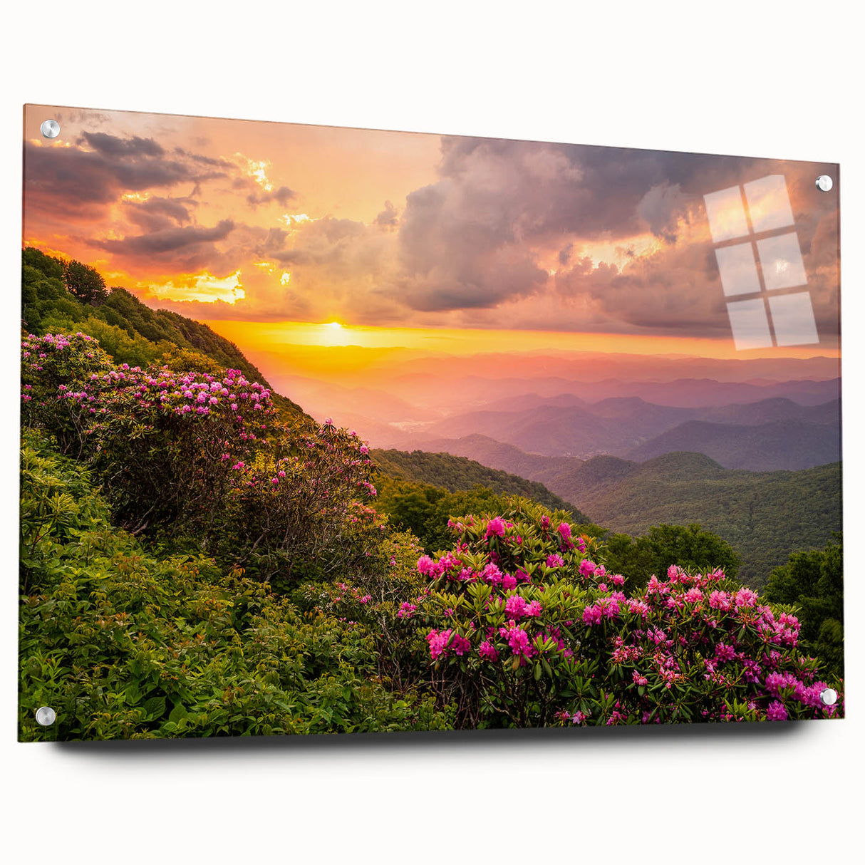Acrylic print of Blue Ridge Mountains in pastel shades, ideal for bedroom or dining room decor.
