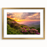 Extra large abstract art print of Blue Ridge, featuring textured brush strokes in earthy tones, framed in gold.