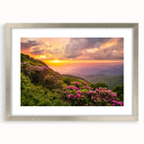 Textured art depicting abstract Blue Ridge scenery in muted blues and greens on a framed silver mat.