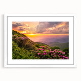 Abstract art print of the Blue Ridge in muted blue and green tones, framed with a white mat, suitable for dining room decor.