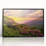 Large abstract wall art depicting the Blue Ridge in muted earth tones, framed in black acrylic.