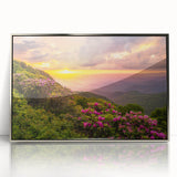 Mid-century modernist art depicting the Blue Ridge Mountains in muted blue tones, framed in silver acrylic.