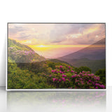 Blue Ridge Mountains landscape on a white framed acrylic, featuring soft blue and green tones, ideal for nursery wall art.