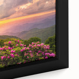 Framed canvas of Blue Ridge, North Carolina scenery in textured, colorful art style, ideal for living room decor.