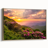 Framed canvas wall art depicting the Blue Ridge landscape in muted earth tones, suitable for bedroom decor.