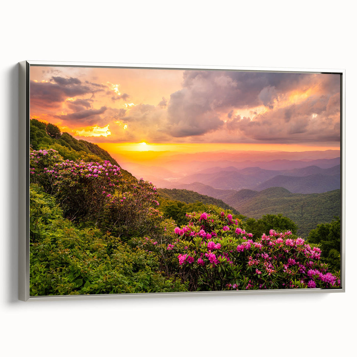 Framed canvas featuring a landscape art painting of Blue Ridge, North Carolina in muted earth tones.
